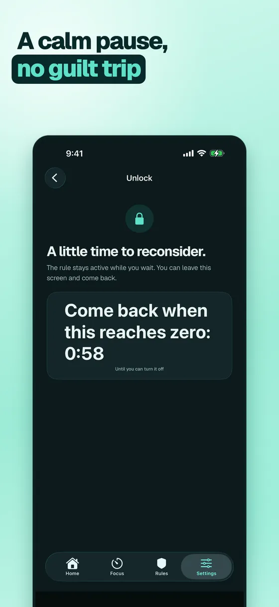 The calm pause screen on a blocked app